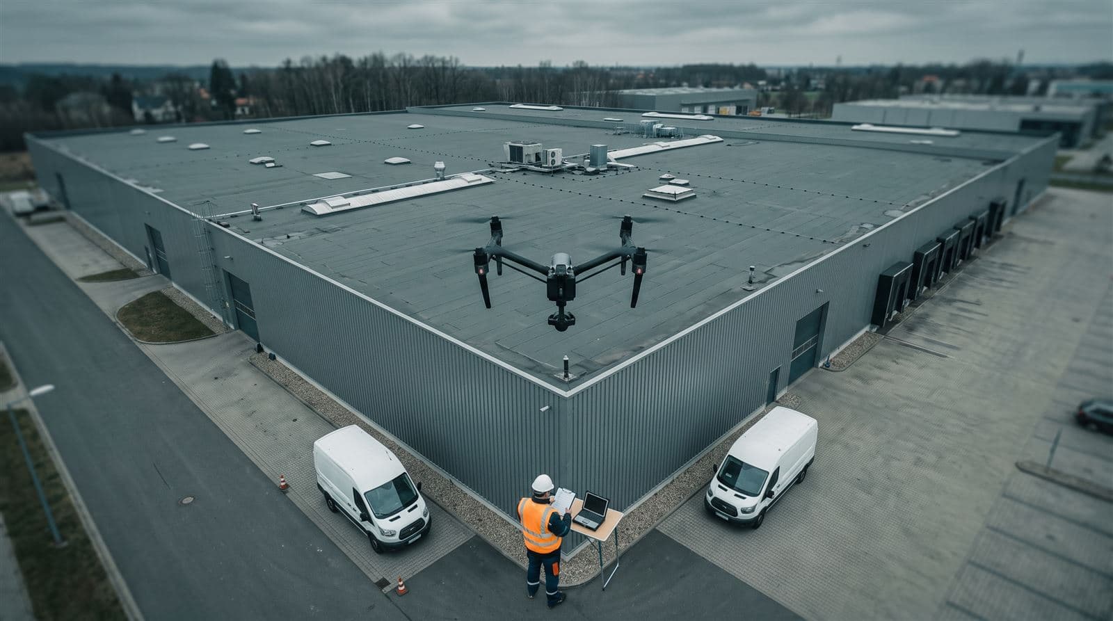 Przegląd okresowy budynku dronem: dokumentacja z powietrza, protokół zostaje przy inspektorze